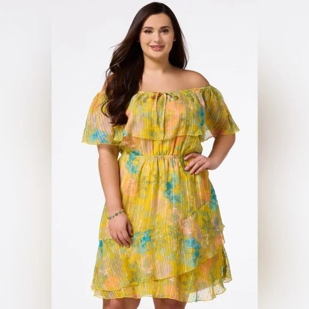 Cato | PLUS SIZE RUFFLED GOLD FLORAL DRESS Various Sizes Available